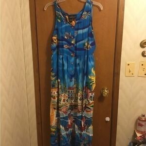 Vintage Blue Tropical Fish Beach Summer Sleeveless Button Down Midi Dress 10